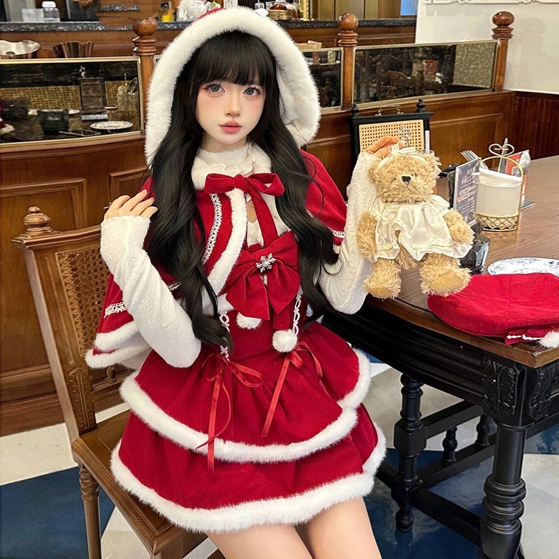 優しく甘いクリスマスイブセット秋冬ケープコートニットトップスウエストを絞ったパフスカート3点セット