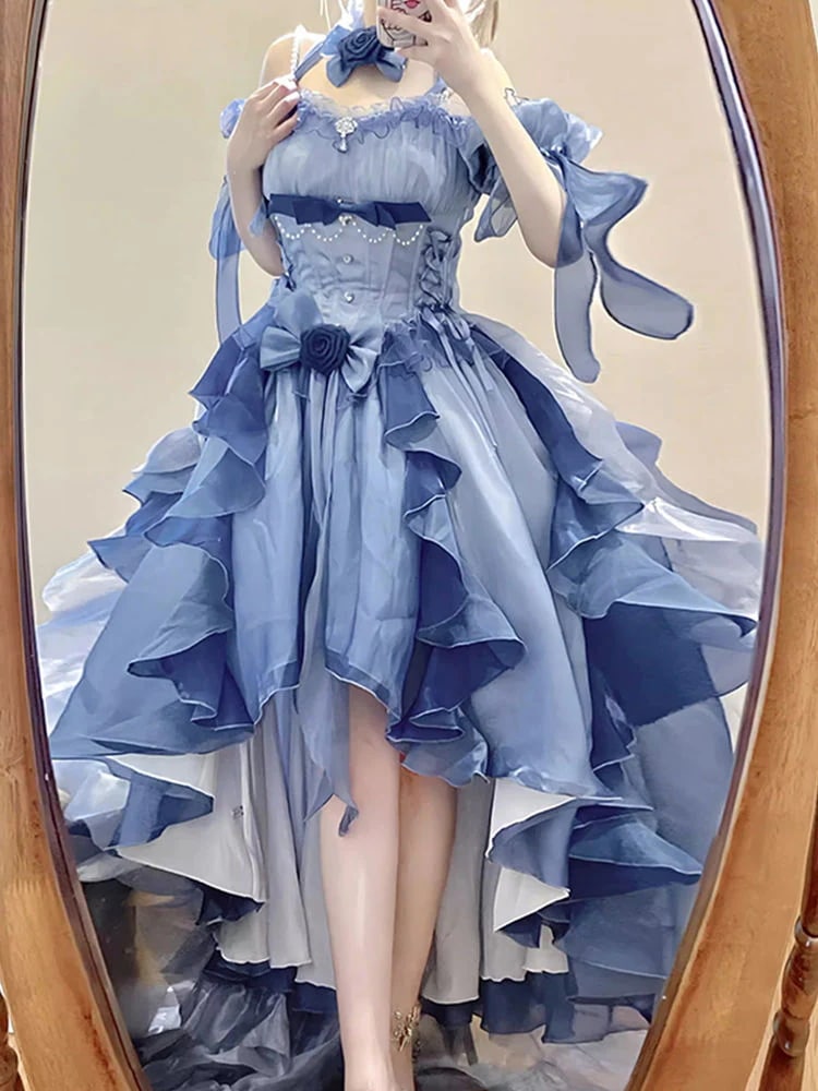 ブルードレス ロリータドレス ゴージャスウェディングドレス 重工業ふわふわテールプリンセスドレス