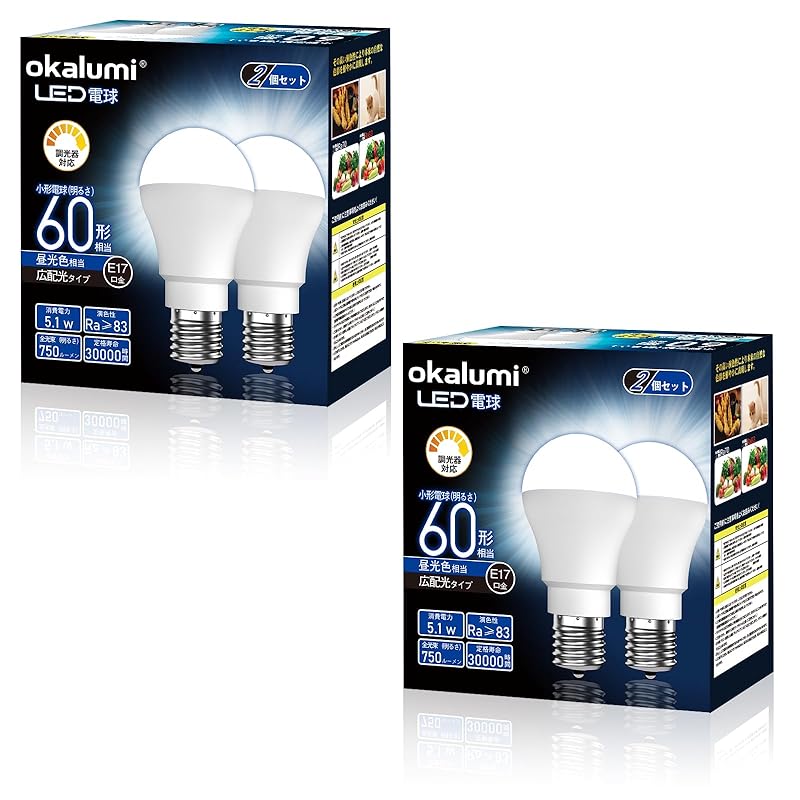 okalumi LED電球 調光器対応 E17口金 60W形 750Lm 昼光色 6000k 広配光 ミニクリプトン型 小型電球 断熱材施工器具/密閉器具対応 4個セット【適格請求書発行可】