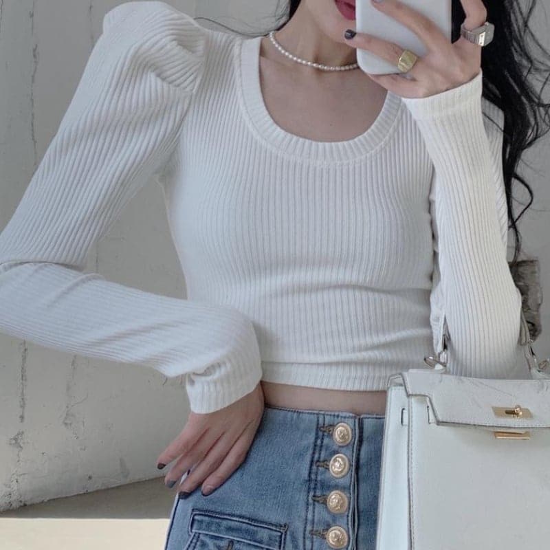 3color レディース トップス カットソー パフスリーブ 肌見せ 長袖 グレー 129