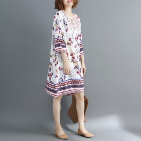 ワンピース モテアイテム アジアン 膝丈 ひざ丈 7分袖 七分袖 スクエアネック フレア Aライン 通気性 薄手 ラメ きれいめ おしゃれ お洒落 レトロ エスニック エキゾチック 女子 こなれ感 4,570円