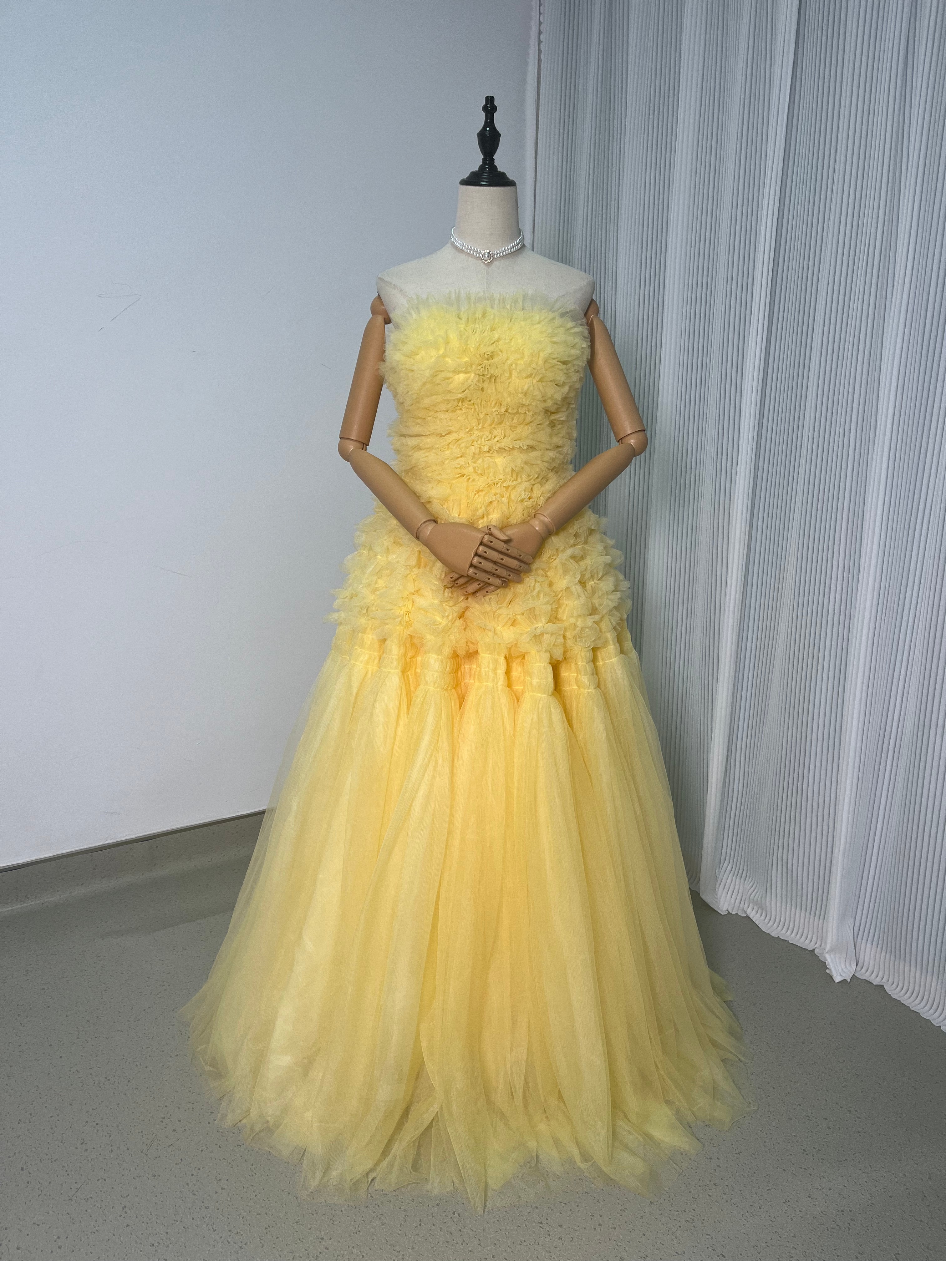 イエロー カラードレス 上質オーガンジー フィッシュテール ベアトップ  