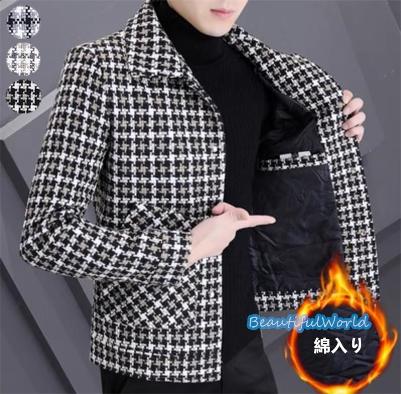 コート メンズ テーラードジャケット ビジネスコート ハーフコート ショート丈 チェック柄 冬服アウター 紳士服 防寒 保温 秋冬 暖かいN39