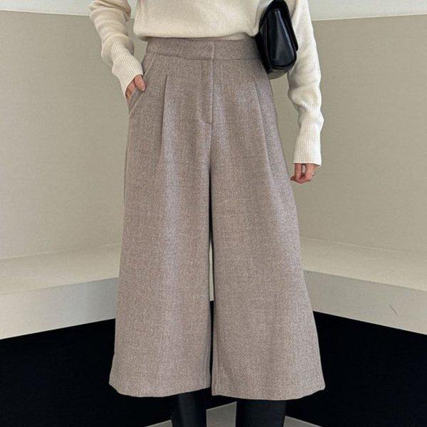 Hスタイル(MIZ)ヘミプリーツ8部ヘリンボーン起毛ワイドスラックス 冬 女性 起毛 バンディングパンツ ワイドパンツ ストレートパンツ