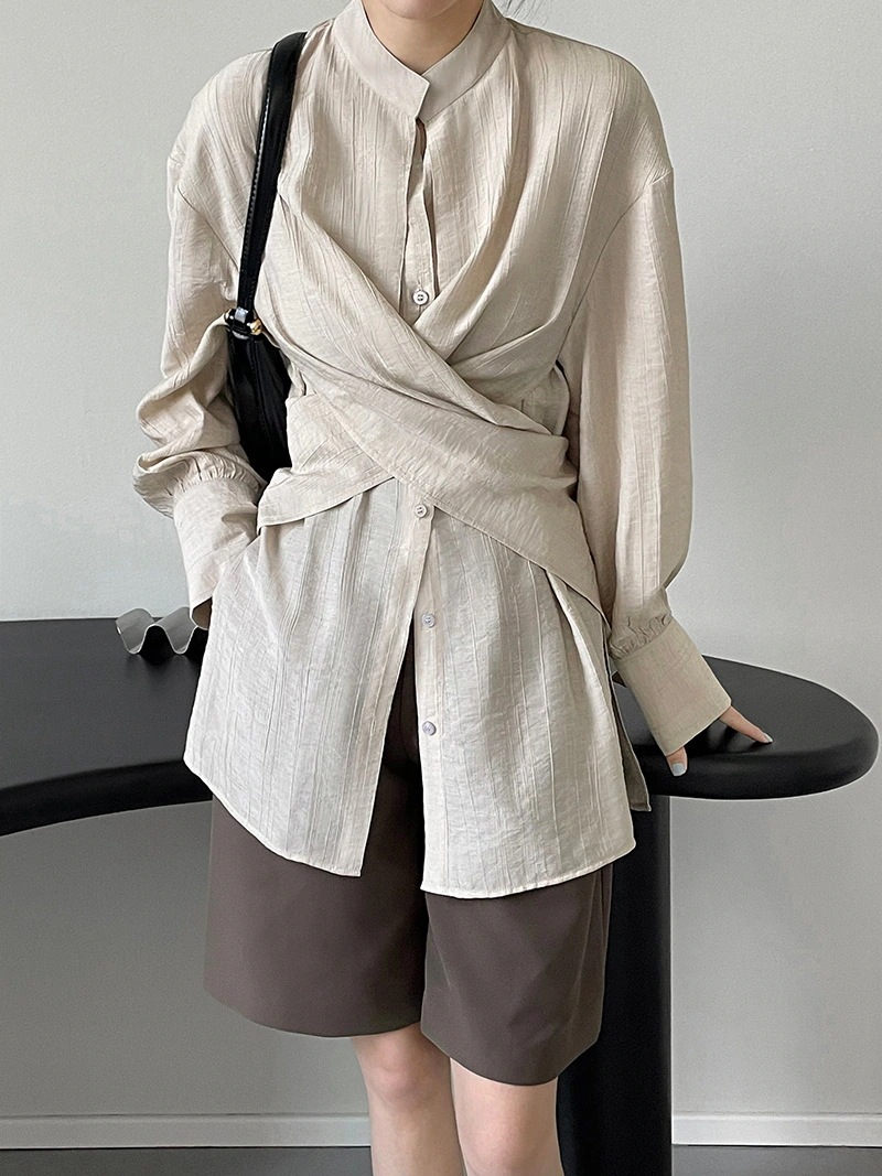 トップス シャツ プルオーバー スタンドカラー ミディアム丈 長袖 ボタン ルーズ 無地 通勤 M L アプリコット ピーコックブルー 春 袖あり ボリューム袖 ウエストマーク ハイウエスト かわいい 6,170円