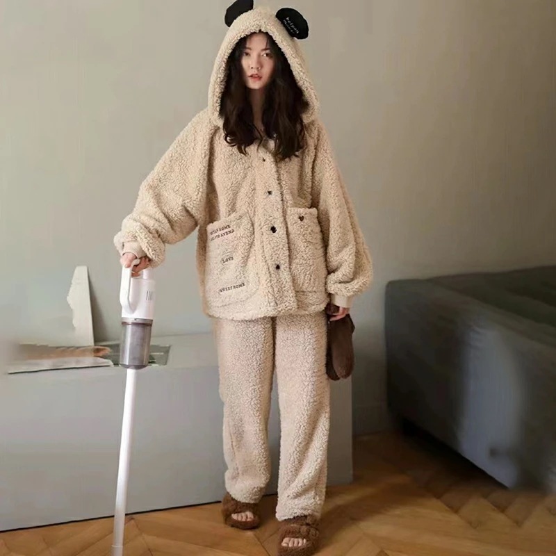 もこもこパジャマ 上下セット フランネル フード付き ルームウェア 秋 冬 長袖 部屋着 かわいい ベア パンダー ネズミ 寝巻き S M L ベージュ コーヒー 送料無料 楽天海外通販