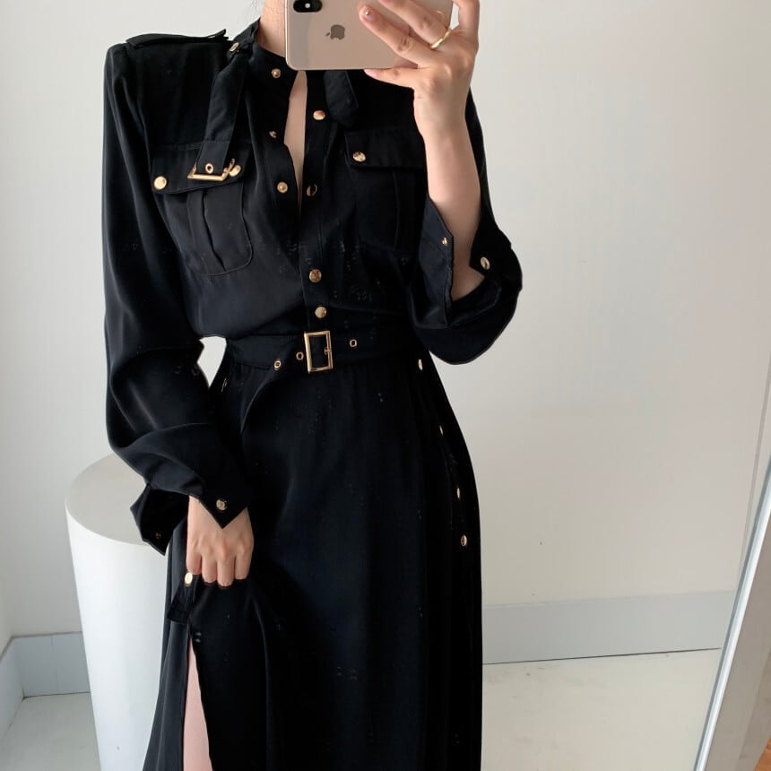 ワンピース シャツワンピース ロングワンピース ロング丈 スタンドカラー 立ち襟 長袖 ベルト
