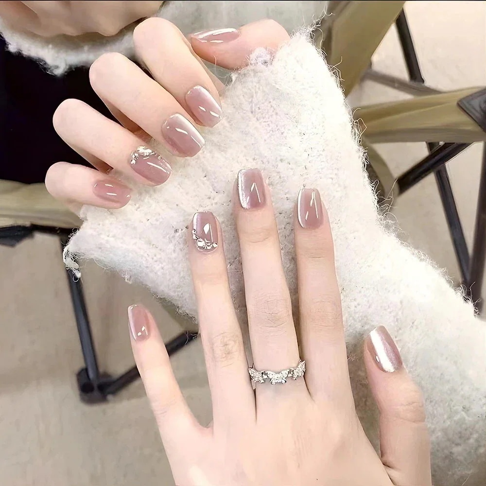 ハンドメイドショートライトセラピー ハンドメイドウェアラブルネイル 優しい大豆ピンククリスタルキャッツアイネイルチッププスプリットサイズ10ピース ネイルチップ ショート プ