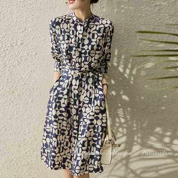 【激安販売】プリント柄ワンピース大人スタイル　サエレガンス　スタンドカラー　長袖　ひざ丈　ゴージャス　お出かけ女子会20代30代40代50代60代