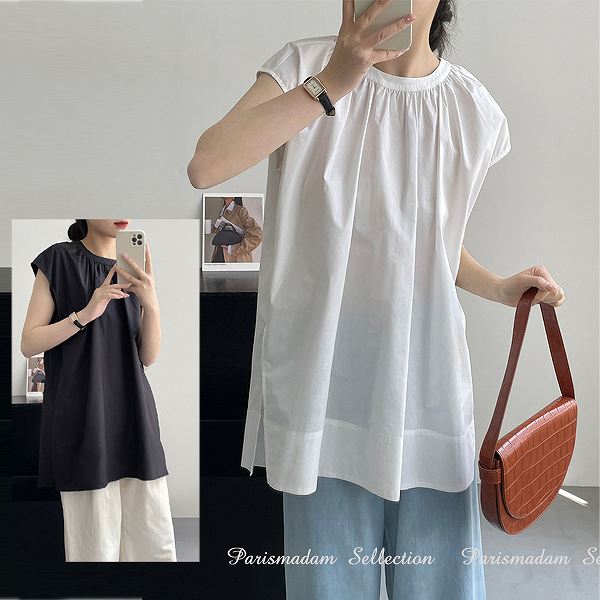 【激安販売】チュニック　フレンチスリーブ　コットンシャツラウンドネック　ブラウス　ホワイトブラックほっそり効果大20代30代40代50代【クリックポストで】 4,748円