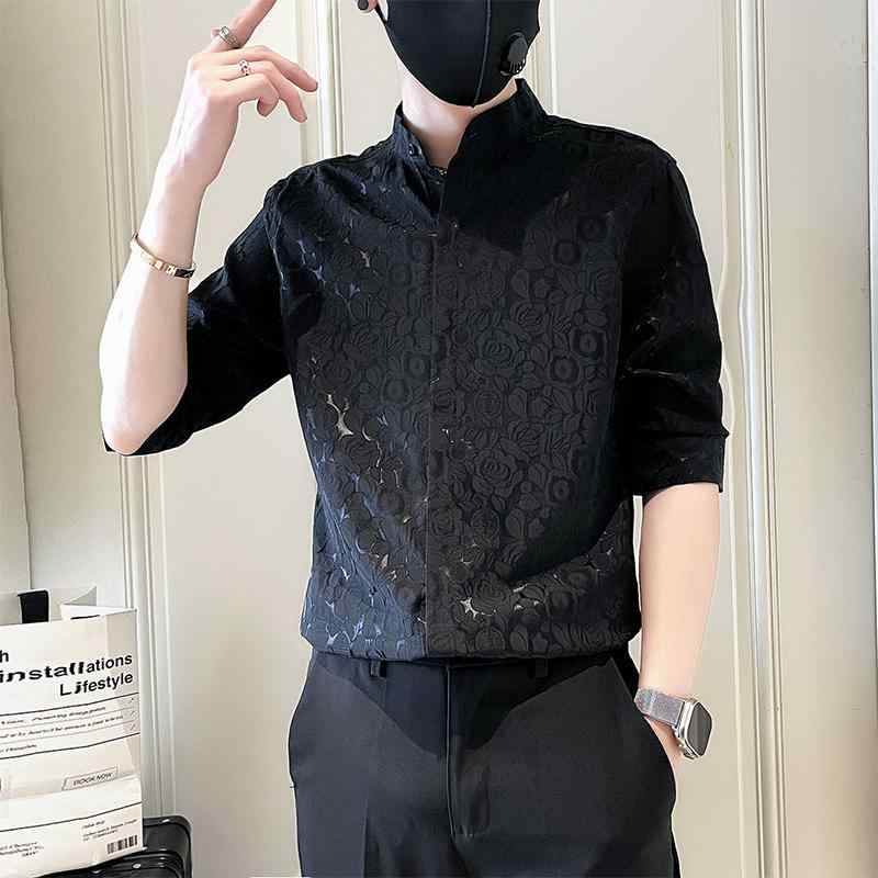 シャツ トップス メンズ おしゃれ スタイリッシュ 紳士 スタンドカラー 花柄 半袖 チャイナ風 ハイエンド 夏 プリント スリムフィット 大きいサイズ 男性