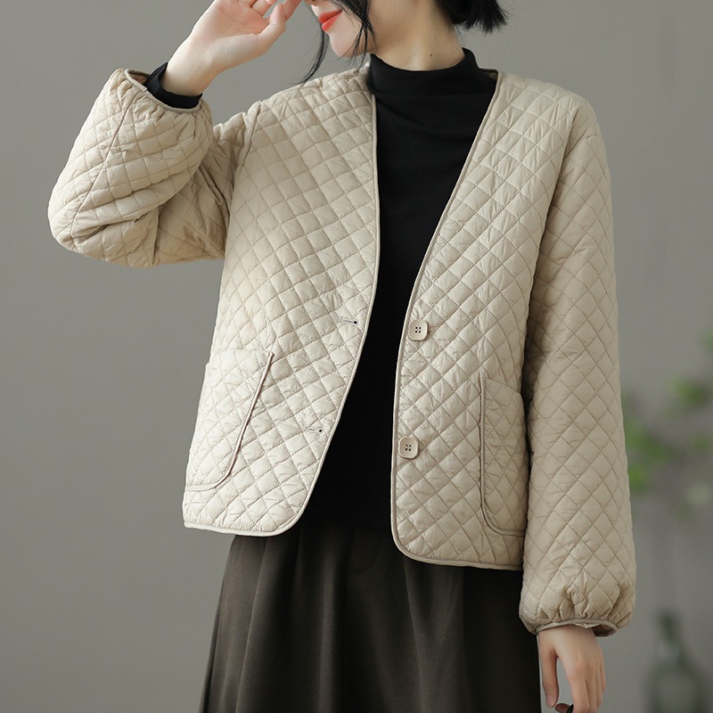 2022年冬新作 ダイヤモンドチェック 薄手 Vネック 2つボタン ダウンジャケット ランタン 長袖 ゆったり ジャケット トップス レディース 5,284円