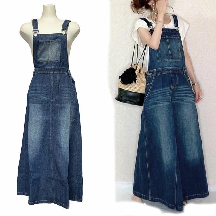 【新作】レディース ジャンパースカート デニムワンピース サロペットスカート レディース 無地 肩紐 スカート マキシ丈 ロング オーバーオール オールインワン 台形 Aライン ノースリーブ サイド