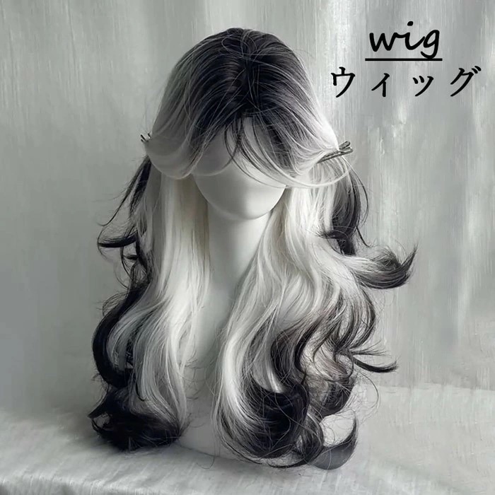 【品質良い 大好評中】ウィッグ ロング グラデーション ブラック ホワイト レディース フルウィッグ 前髪あり 自然 コスプレ 原宿系 韓国風 個性的 可愛い ゴシック ロリータ モード系 ハロウィン