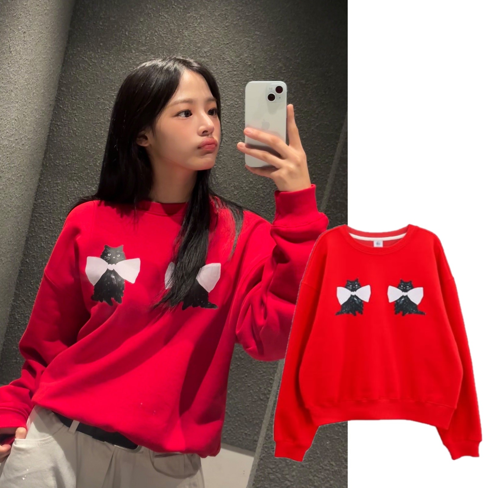 【NEWJEANS MINJI着用】RIBBON CATS SWEATSHIRTS RED