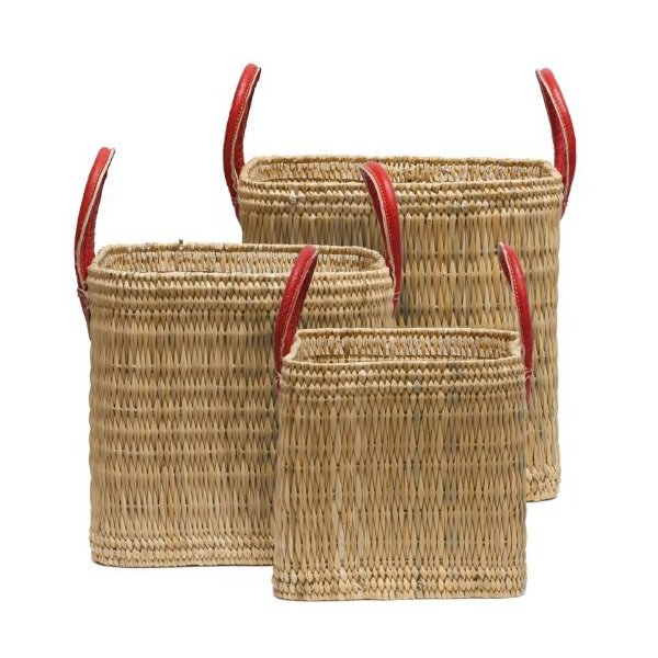 Moroccan Straw Tote Baskets w/Red Handles， 14