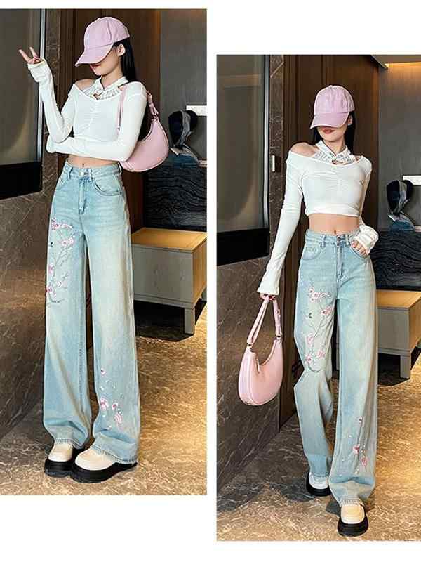 デニム パンツ ボトムス レディース 中国風 刺繍 ジーンズ 春夏 ハイウエスト ストレート ワイドパンツ 青 花柄