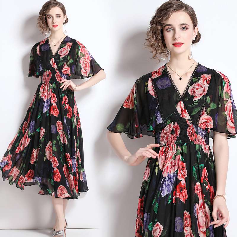 レディース ワンピース リボン 春 夏 ロング丈 ワンピース フレア ワンピース 花柄 フレア おしゃれ シフォンワンピース　パーティーワンピース 七分丈袖 ワンピース　おしゃれ エレガント ゆっ