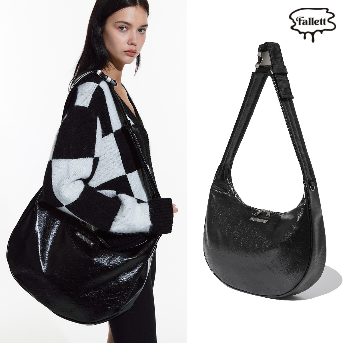 24 S/S Crack Leather Moon bag _ Black デイリー 韓国人気 新商品 新学期 学生 登校 カップルアイテム ストリートファッション