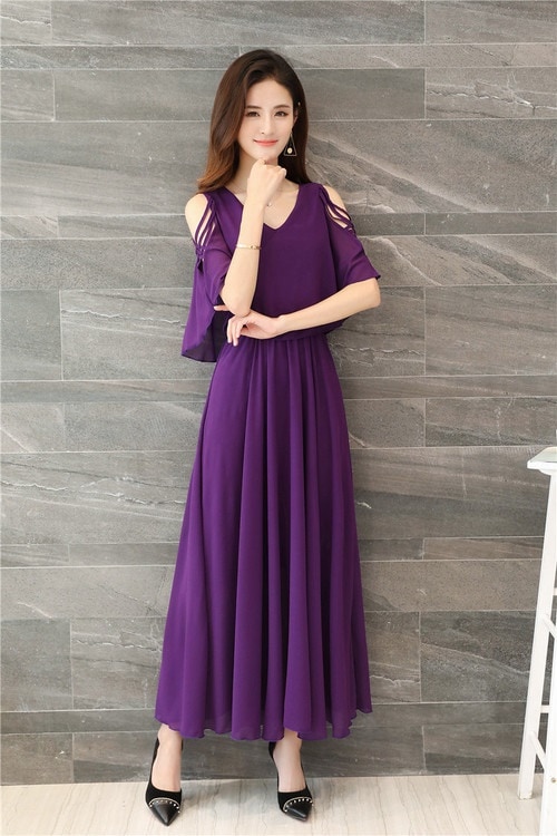 A1088.Vネック肩見せシースルーフレアワンピース（パープル）2019 春夏 sale 春夏 sale ドレス フリル エレガント お呼ばれ 結婚式 披露宴 パーティー 女子会 レストラン デート