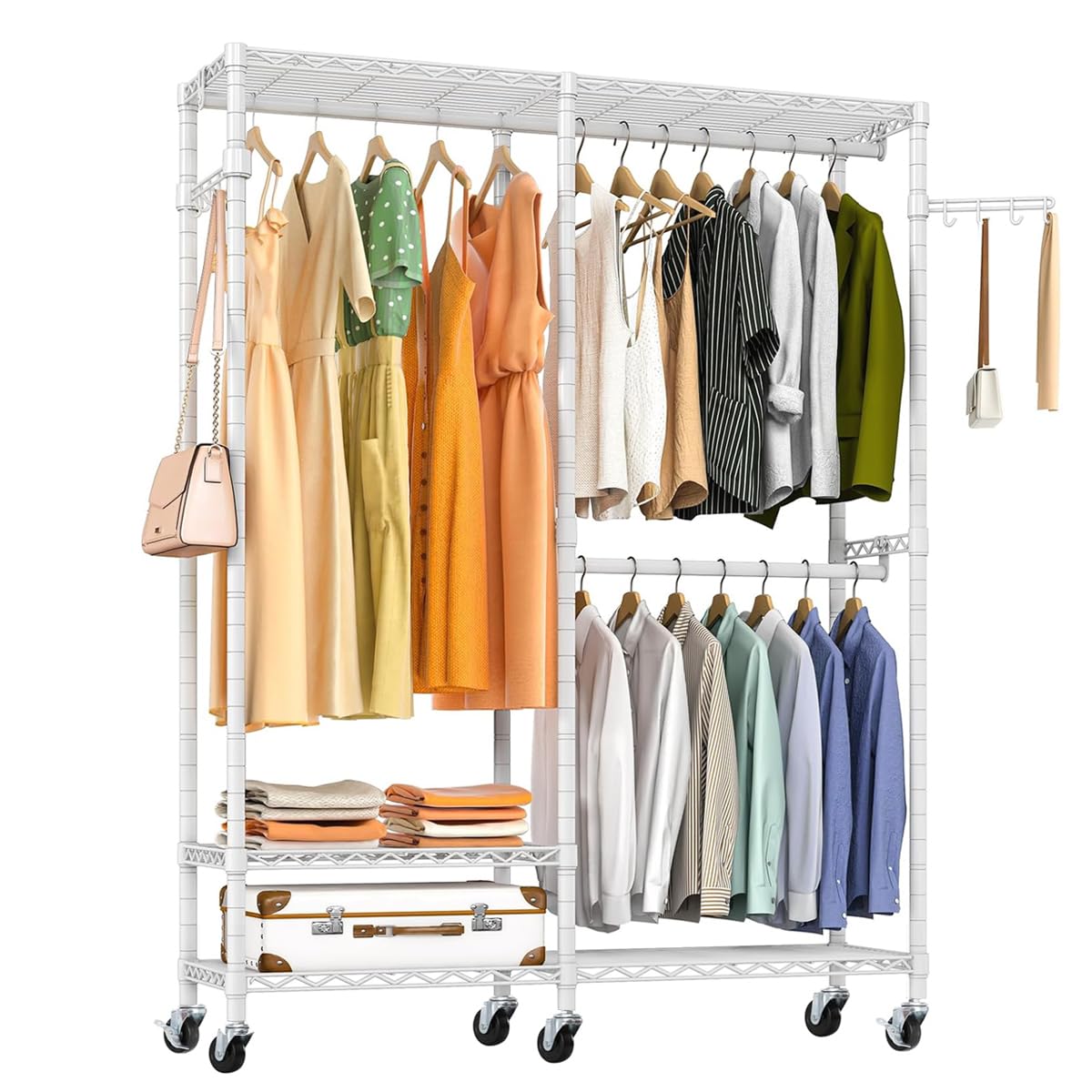 ハンガーラック 頑丈 洋服ラック 大容量 キャスター付き クローゼット ワードローブ ハンガーラック２段 洋服掛け 防サビ加工 高さ調節 省スペース おしゃれ ハンガーかけ コートハンガー 洋服収納