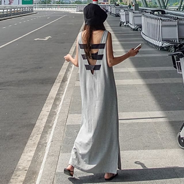 ワンピース ロング 大きいサイズ ワンピース 夏 マキシ丈 ノースリーブ ワンピース スウェット Iライン バックオープン