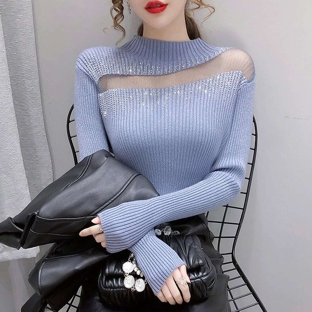 レディース デコルテ 透け リブニット シースルー ビジュー付き ラメ キラキラ 長袖 ボトルネック 大人可愛い ママコーデ ママファッション 韓国系 オルチャン 人気 トレンド 新作 20代 30代