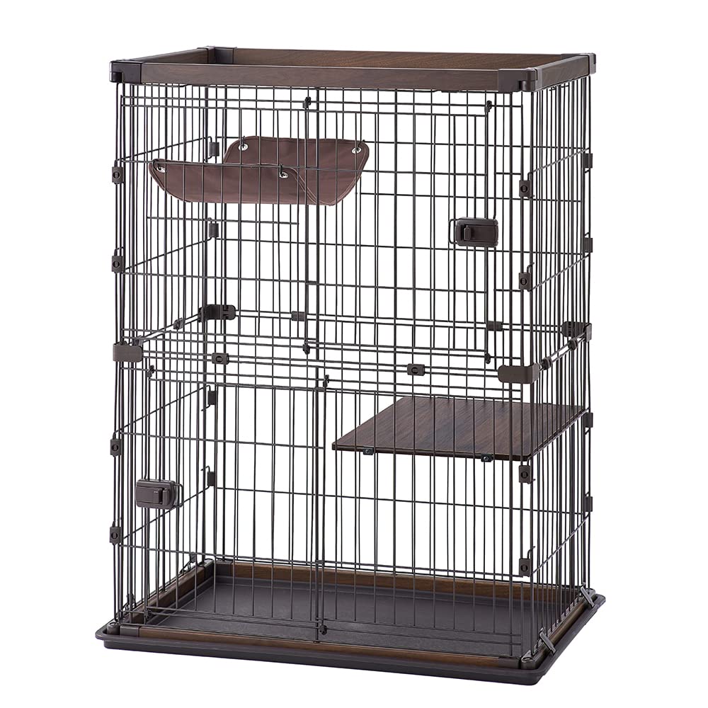 アイリスオーヤマ 猫 ケージ ウッディ 2段 高さ115×幅69×奥行54.5cm ウォールナット PWCR-962V