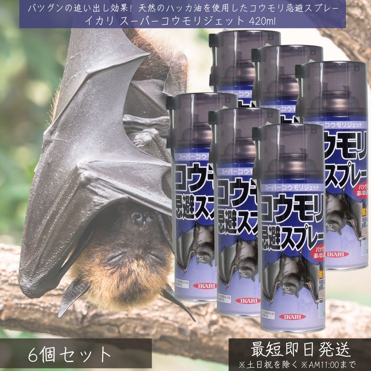 イカリ スーパーコウモリジェット 420ml ×6個セット イカリ消毒 コウモリ こうもり 蝙蝠 コウモリ忌避スプレー コウモリ駆除 対策 駆除 撃退 害獣対策 ハッカ油 天然成分 速効性 効果長