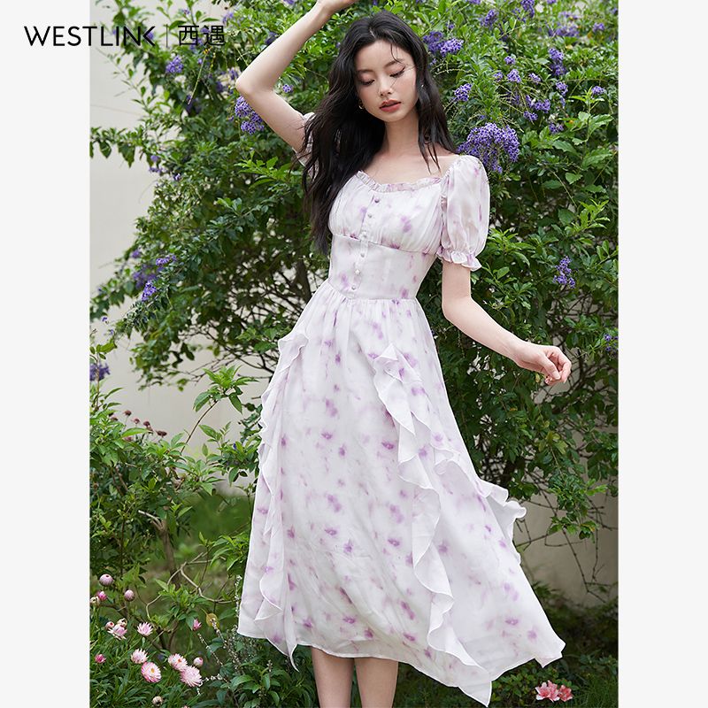 【急速出荷!】フラワーグラデ ティードレス 2025春夏新作 フリル ウエストシェイプ Aライン フレンチレトロ ワンピース ワンピース レディース ロングワンピース ワンピース 夏 パーティードレス