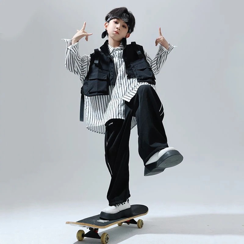 街舞少年潮服男女の子ヒップホップシャツ馬甲三点セットhiphopクールジャズダンス公演服秋