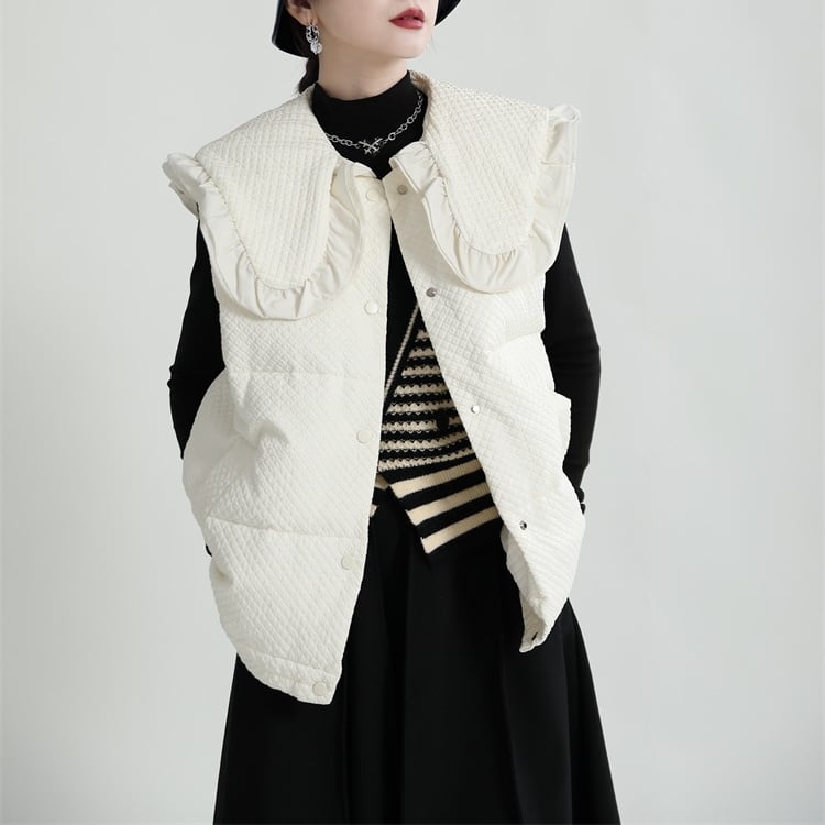 中綿ベスト レディース アウター ダウンコート キルティング ショート丈 襟付き ラージカラー フリル ワッフル 韓国風 中綿ダウンコート 軽い 軽量 フード付き 冬服 アウター 暖かい lout00