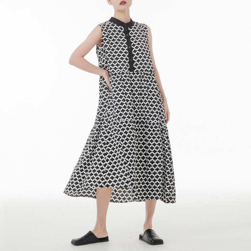 フランス風 復古 袖なし タンクトップ 立ち襟 着痩せ ゆったり ワンピースXFZ147