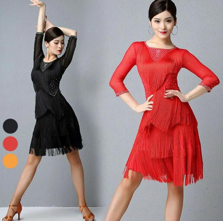 ラテン ドレス 七分袖 ダンス 衣装 ワンピース 練習着 ワルツ チャチャチャ ステージ 技デモ タンゴワルツ スタンダード サンバ ルンバ ラテン モダン フラメンコ 演出着 競技着 舞台 お揃い