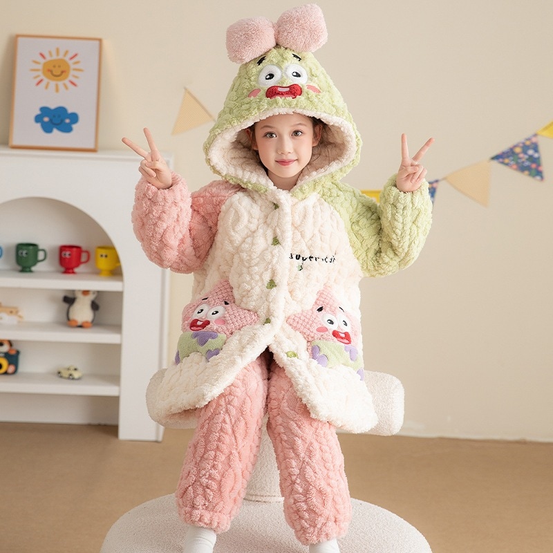 女の子パジャマ冬の珊瑚絨毯三重綿入り厚手スリーパー子供女の子派大星連帽部屋着