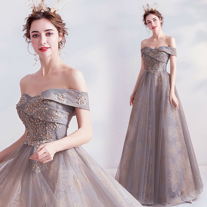 ウェディングドレス お色直し着後ﾚﾋﾞｭｰ特典二の腕をさりげなくカバーしつつ胸元のラインでデコルテもキレイに見せてくれるロールカラードレス 肌が美しく映えるグレーベージュ ハートカット Aライン オフ