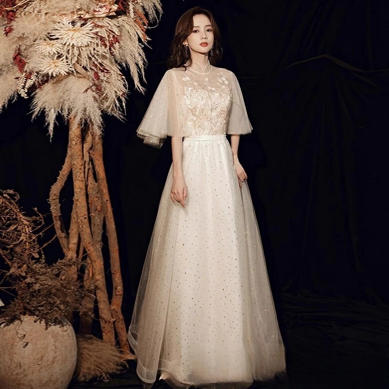 ドレス 大人 ピアノ発表会 ホワイト パーティードレス 白 マキシ丈 高校生 演奏会ドレス 森ガール 星柄 たんぽぽ ウェディングドレス チュール ラウンドネック フォーマル 披露宴 結婚式 二次会 8,208円