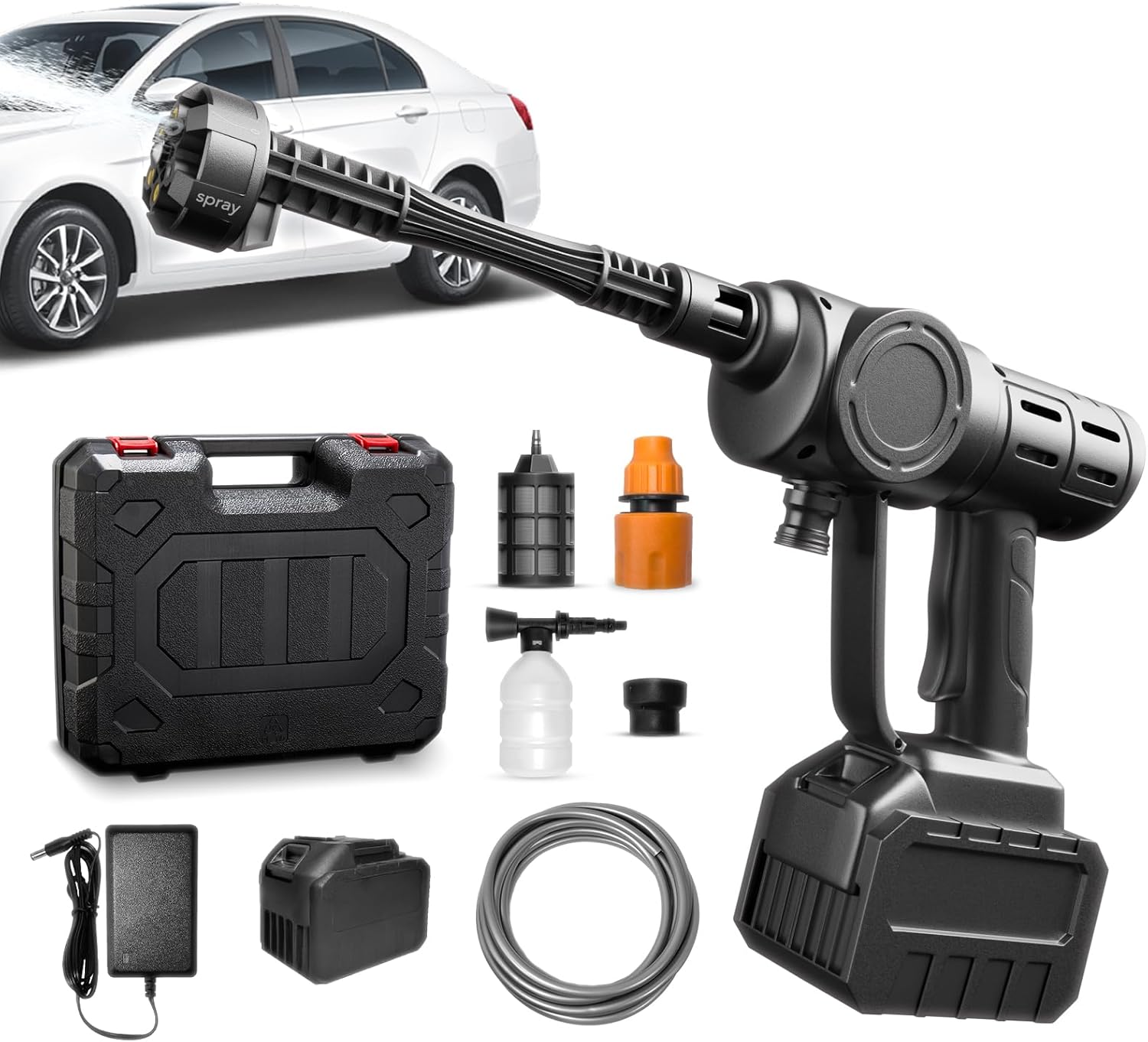 【2025新登場強化版】高圧洗浄機 コードレス 充電式 22500mAh 大容量バッテリー 6in1多機能ノズル 8MPa 噴射距離10M 300Wブラシレスモータ自吸式 ポータブルガン洗車機 家庭用