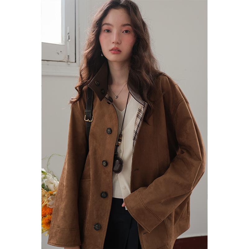 gifts for women keep warm ふんわりミストスエードチェック柄リバーシブルVTGスタンドカラージャケット
