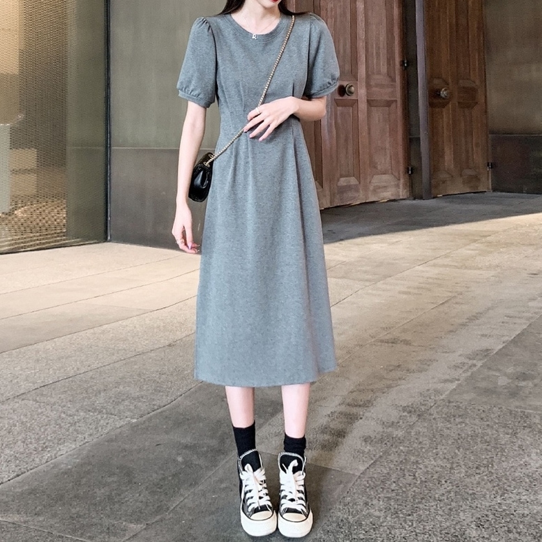 ワンピース レディース ウエストタックシャツワンピース パフスリーブ シャツ ドレス 半袖