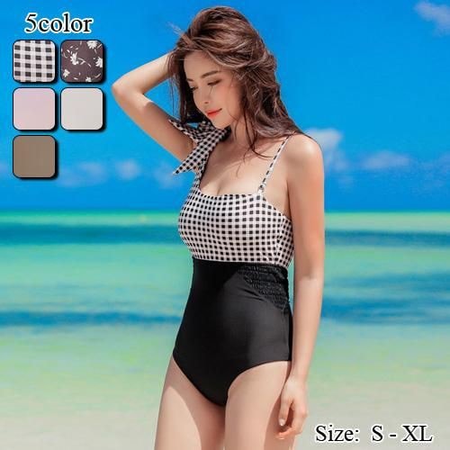 【グラシア】 水着 ハイウエスト レディース ビーチウェア スイムウェア 流行 海 プール ワンショルダー モノキニ シャーリング ボディライン リボン 切り替え チェック×ブラック 花柄×ネイビー