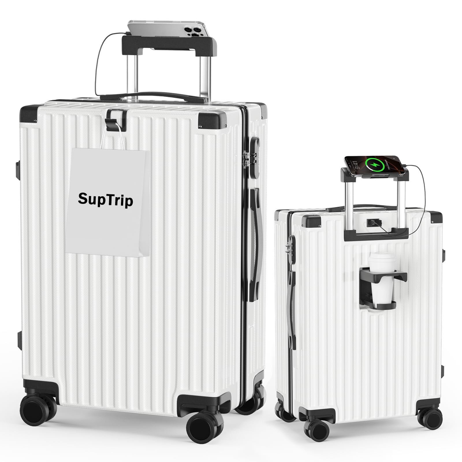 [SupTrip] スーツケース 機内持ち込み 超軽量 キャリーケース 多機能 キャリーバッグ USBポート付き カップホルダー付き 隠しフック機能 USB+Type C充電機能 大型 静音 ダブルキ