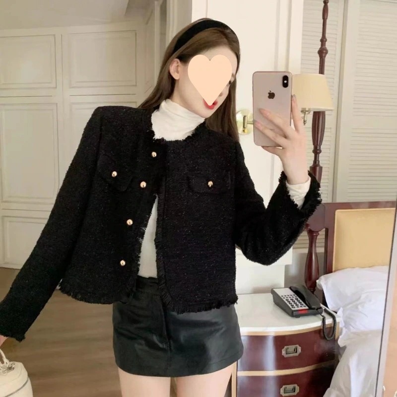 （細工が凝っている）ハイエンドの小さなフレグランスブラックジャケット太いツイードスプリングと秋の女性の短い社交界の気質トップ