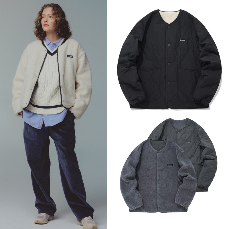 REVERSIBLE Collarless Jacket 男女共用フリースボア羊毛 / IVORY, GREY , DARK GREY, SEIGE GREEN 9,713円