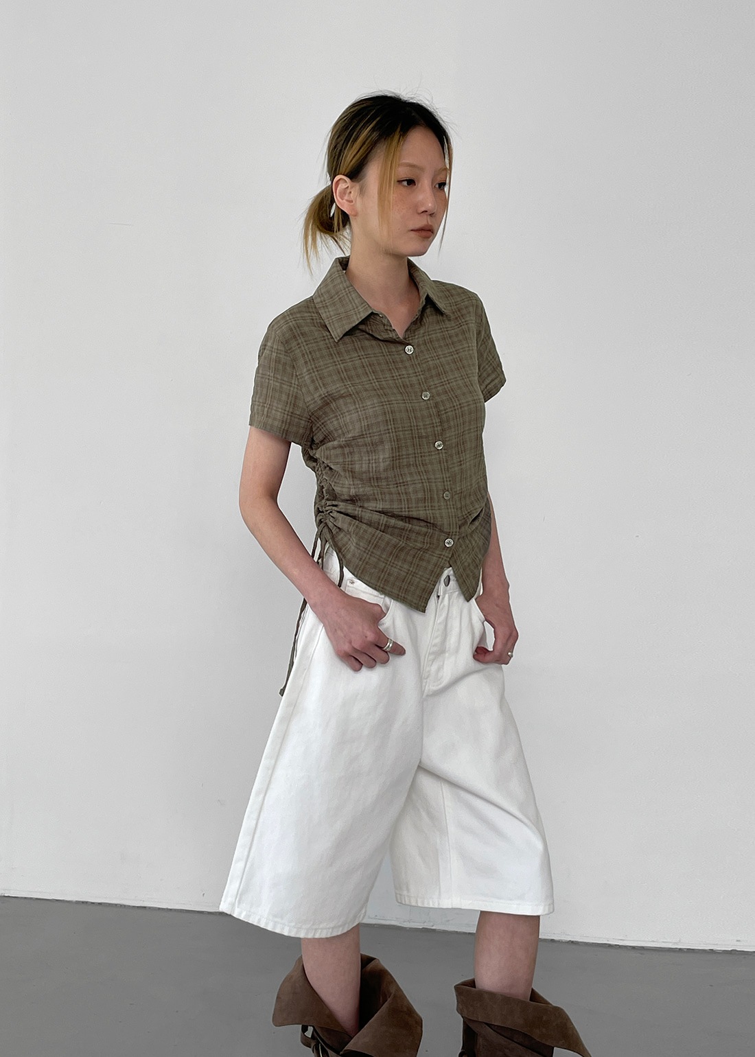 パイキーサマーシャーリングチェック半袖シャツ