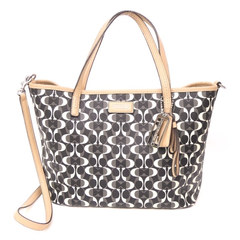 コーチ COACH 2WAYトートバッグ シグネチャー アウトレット F26201 黒 PVC×レザー 【中古】(68357)