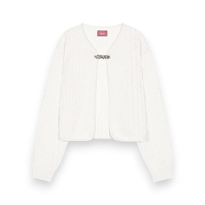 フラワーブローチ ツイストカーディガン Cream 可愛い ディリーファッション カーディガン 韓国ファッション 韓国ブランド フリーサイズ