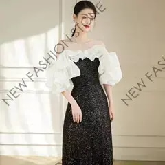 黒のワンショルダーイブニングドレス-59