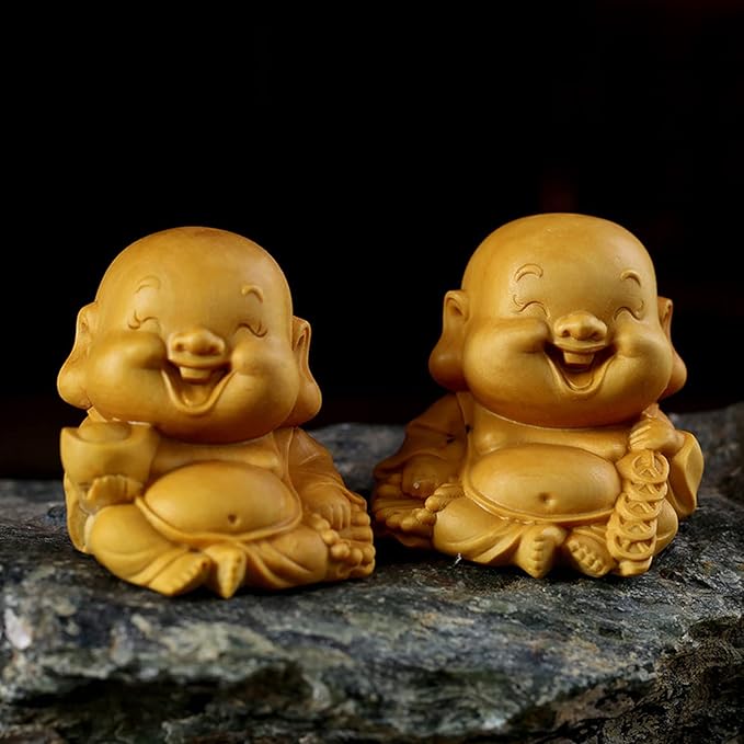 ミニかわいい布袋飾り高級天然傘木彫り【2点セット】仏像木彫り七福神飾り布袋金運お守り（高さ5.2cm×幅4.7cm×奥行4cm）