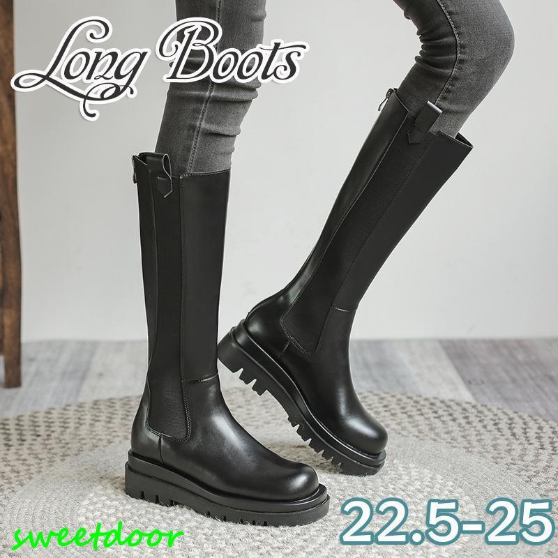 厚底ブーツ ロングブーツ レディース ストレッチ 女性 ブーツ 美脚 ブーツ 脚長 履きやすい 黒 ブラック 秋 冬 33.5cm-35.5cm